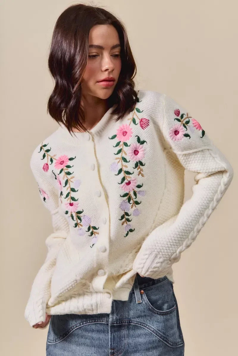 SO ME Floral Embroidered Coquette Sweater Cardigan - DAVERRI FASHIONS