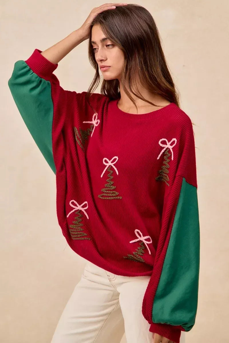 BiBi Christmas Theme Tree Embroidered Sweater - DAVERRI FASHIONS