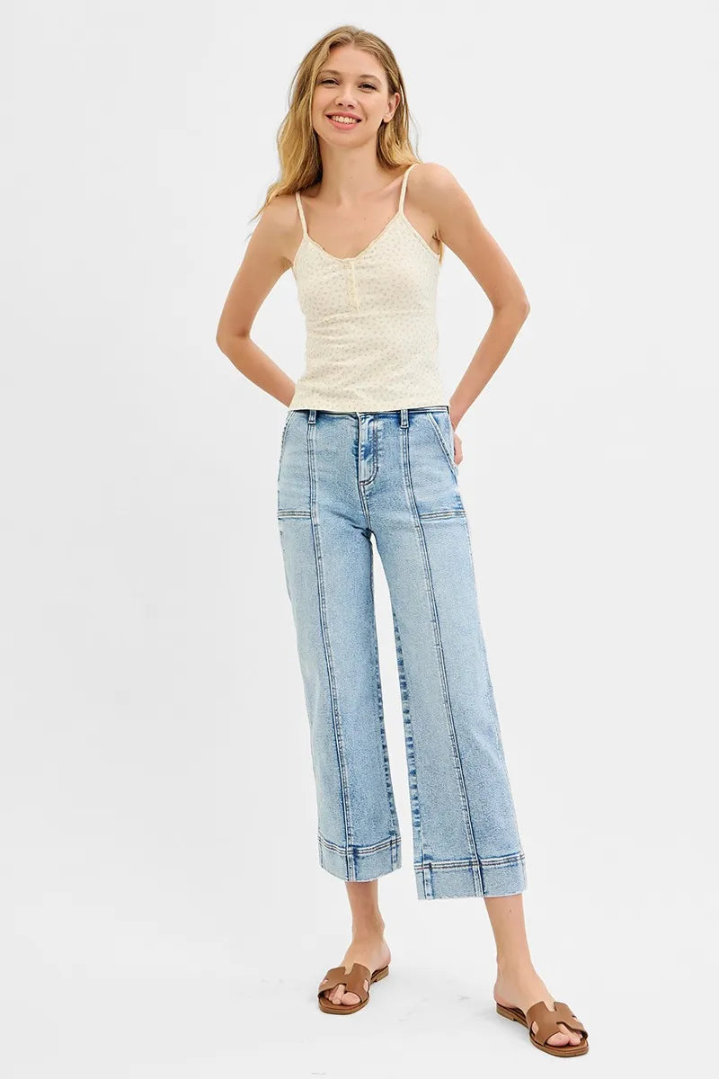 RISEN Full Size High Rise Crop Wide Front Seam Detailed Jeans Jeans