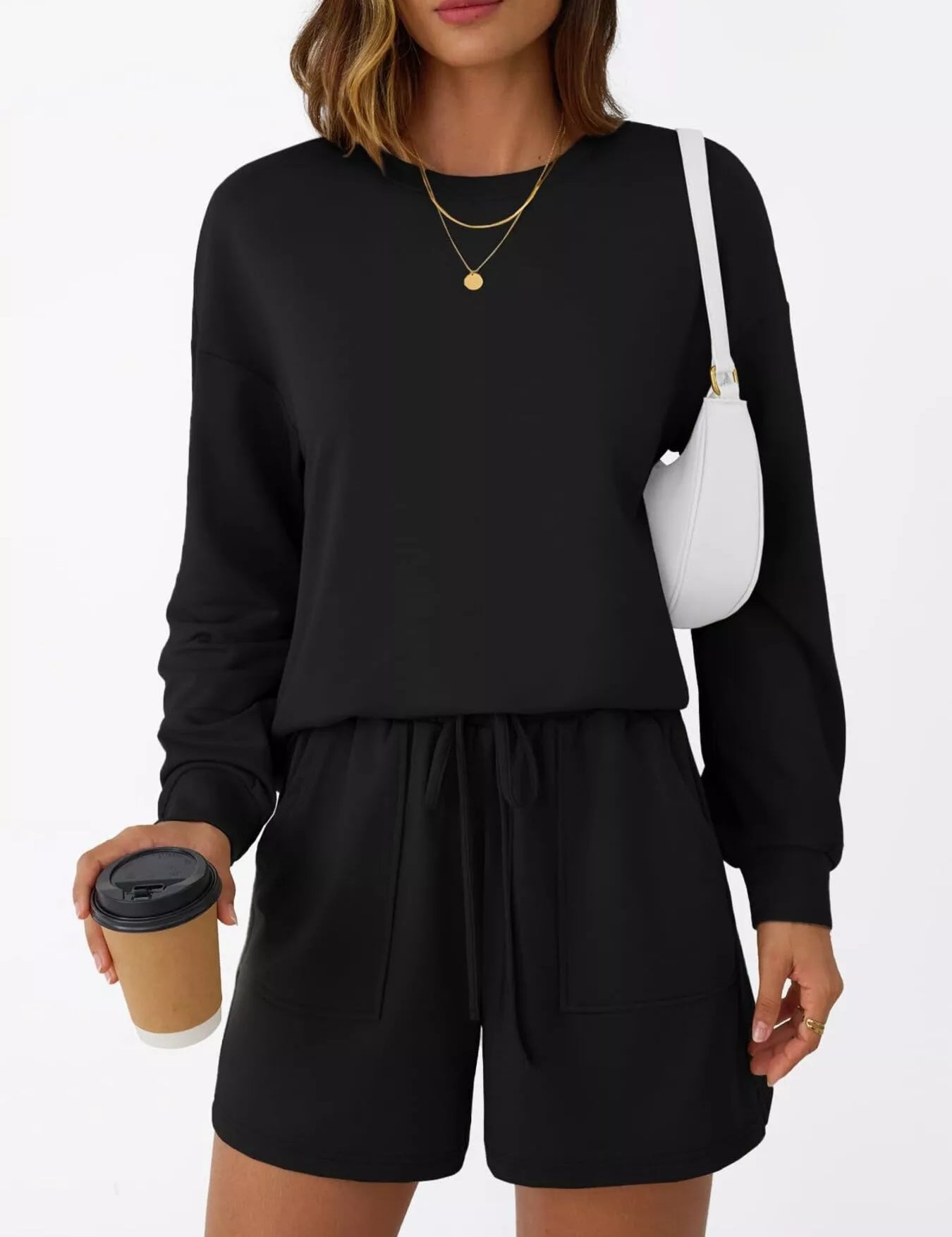 Round Neck Long Sleeve Top and Shorts Set | Loungewear Sets Daverri Fashions