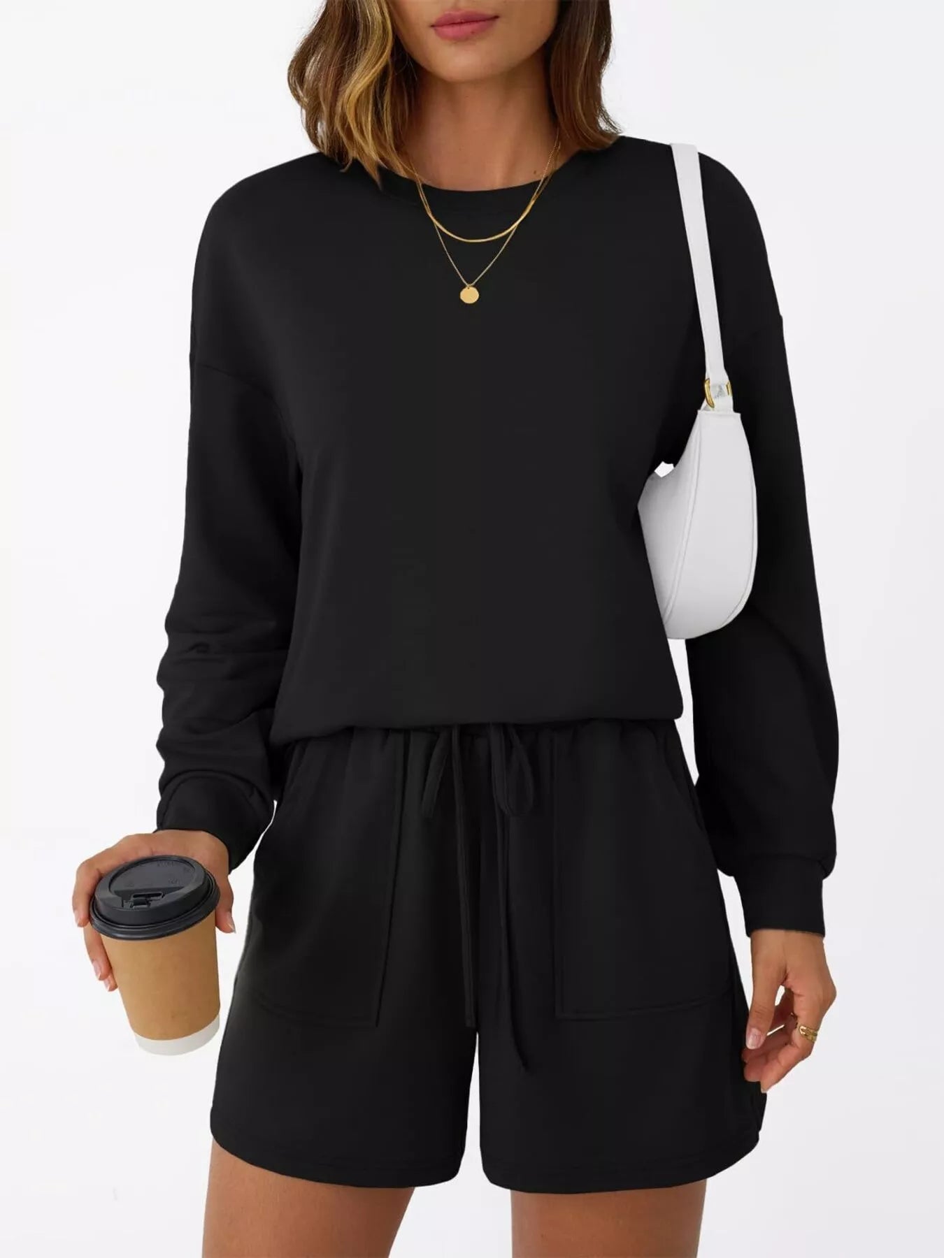 Round Neck Long Sleeve Top and Shorts Set | Loungewear Sets Daverri Fashions