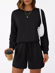 Round Neck Long Sleeve Top and Shorts Set | Loungewear Sets Daverri Fashions