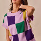 Vibrant SO ME Mardi Gras Check Plaid knit sweater in patchwork lavender, purple, green, yellow