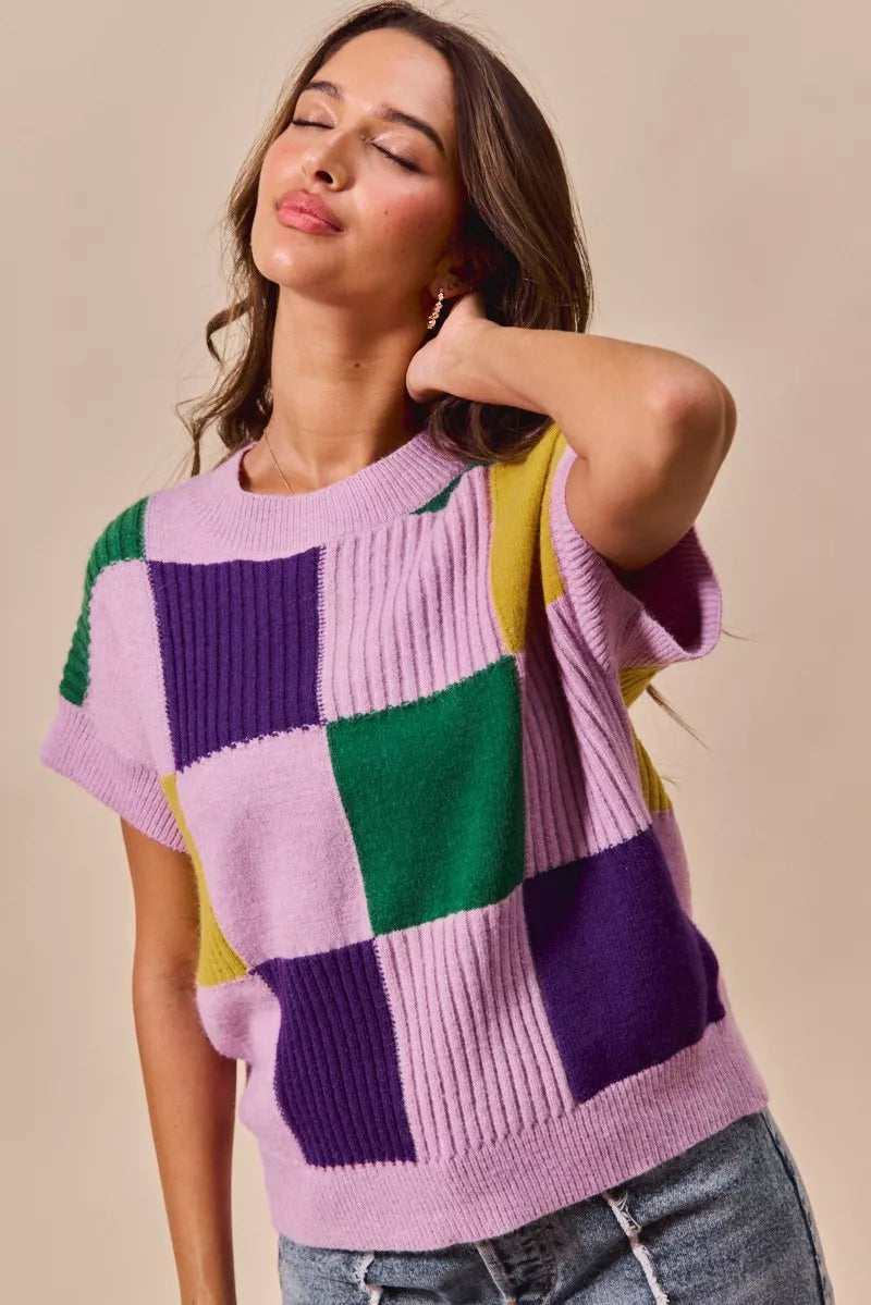 Vibrant SO ME Mardi Gras Check Plaid knit sweater in patchwork lavender, purple, green, yellow