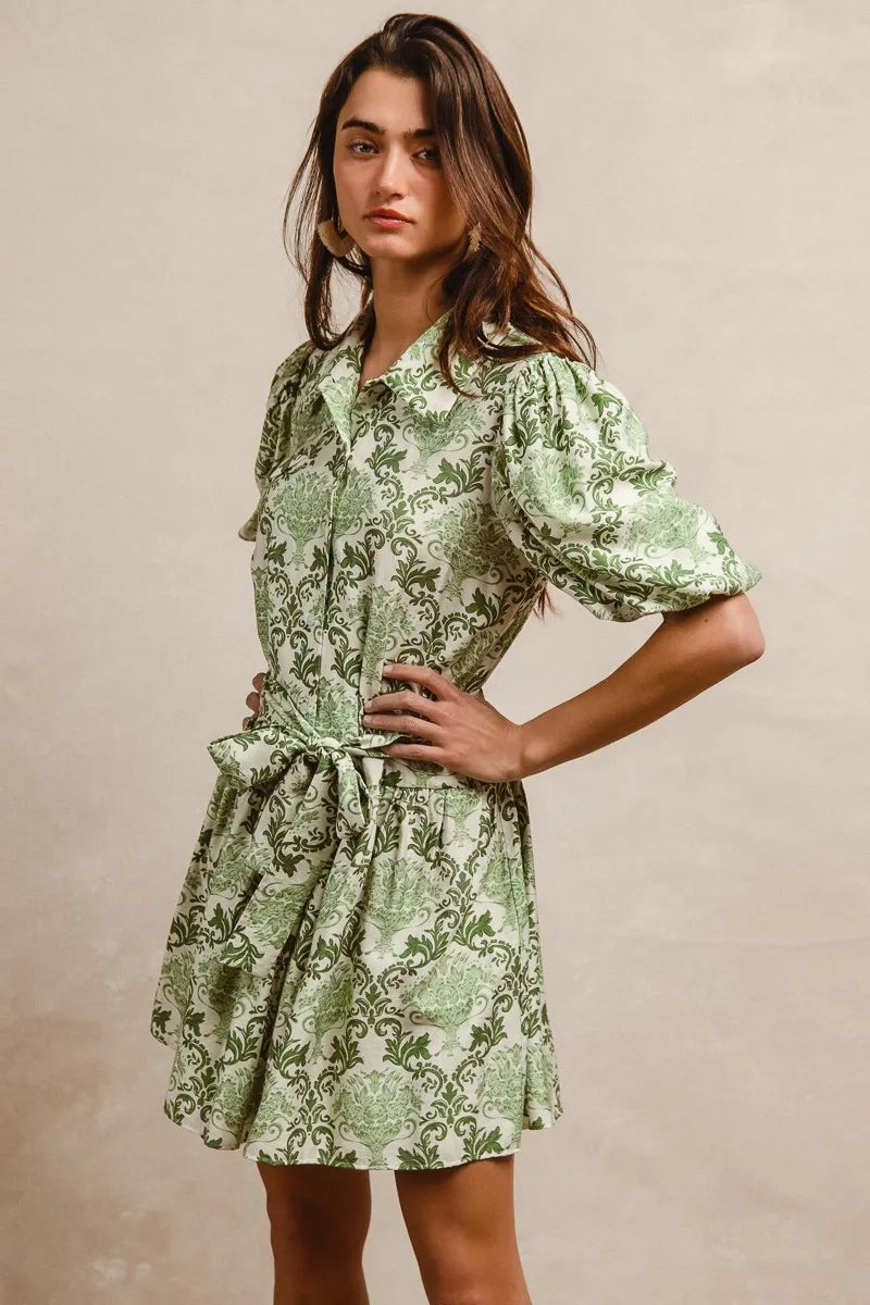BiBi Tied Floral Short Sleeve Mini Shirt Dress | Mini Dresses Daverri Fashions
