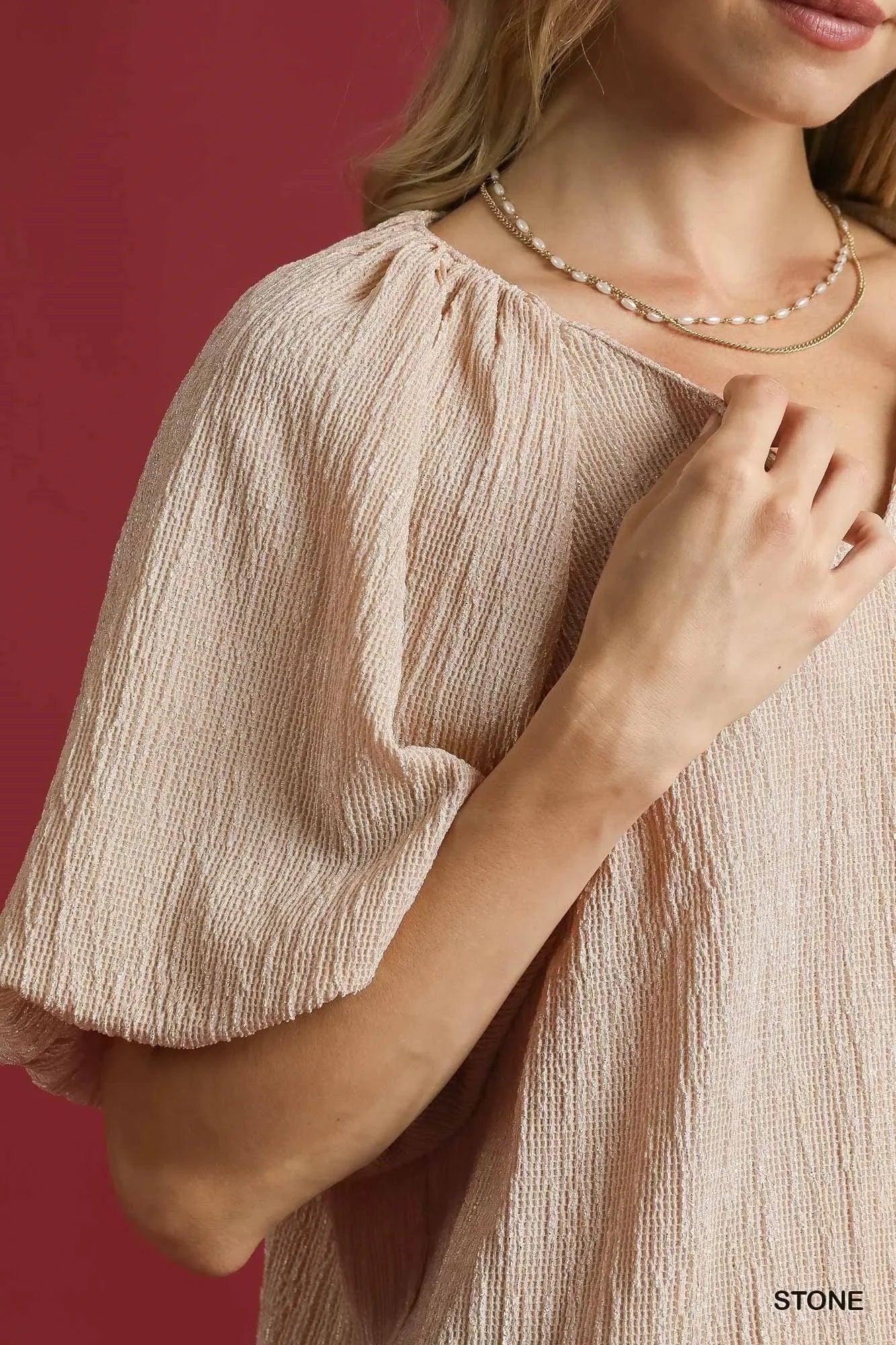 Umgee Texture Puff Sleeve Notched Blouse Stone - DAVERRI FASHIONS