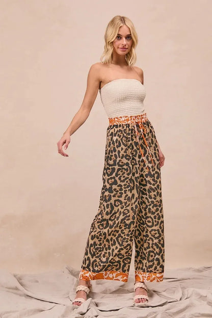 BiBi Leopard Print With Contrast Banded Wide Pants - DAVERRI FASHIONS