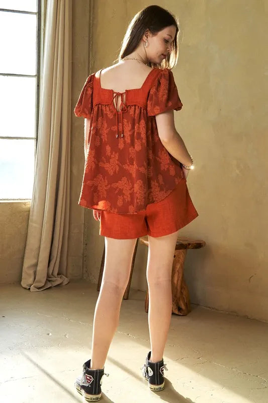 Davi & Dani Nature Printed Square Neck Puff Sleeve Blouse