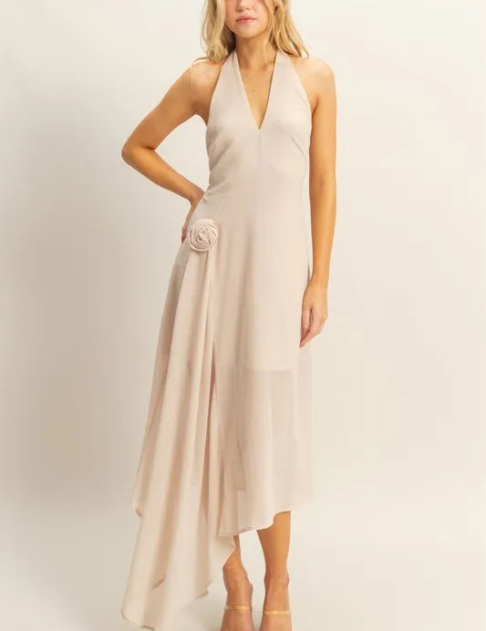 CHAMPAGNE HYFVE Chiffon Halter Asymmetrical Hem Dress | Daverri Fashions