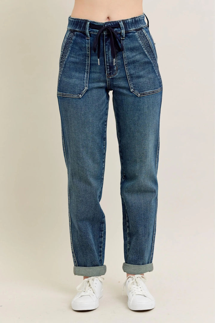 Judy Blue Full Size HW Vintage Wash Jeans w/ Drawstring | Jeans Daverri Fashions