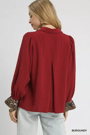 Umgee Half Button Blouse with Leopard Print Trim | Blouses Daverri Fashions