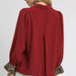 Umgee Half Button Blouse with Leopard Print Trim - DAVERRI FASHIONS