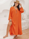 Plus size orange tie neck long sleeve slit beach dress with v-neckline