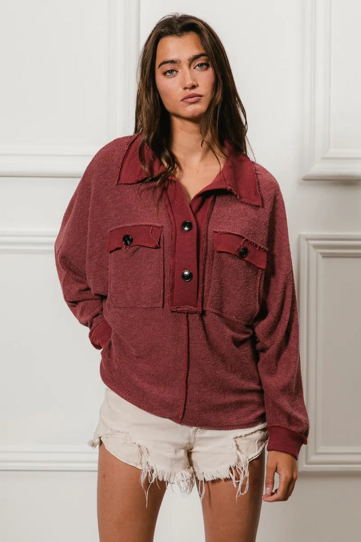BiBi Cp French Terry Cut Edge Detail Collared Top | Tops Daverri Fashions