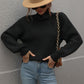 Daverri high neck balloon sleeve rib-knit pullover sweater in black