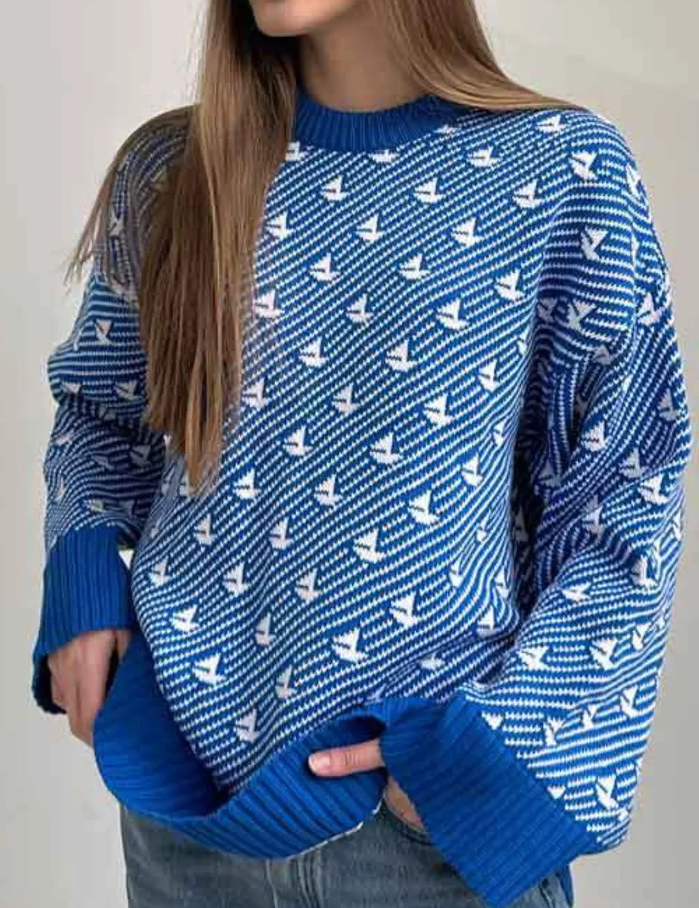 Royal Blue Contrast Round Neck Long Sleeve Sweater | Sweaters Daverri Fashions