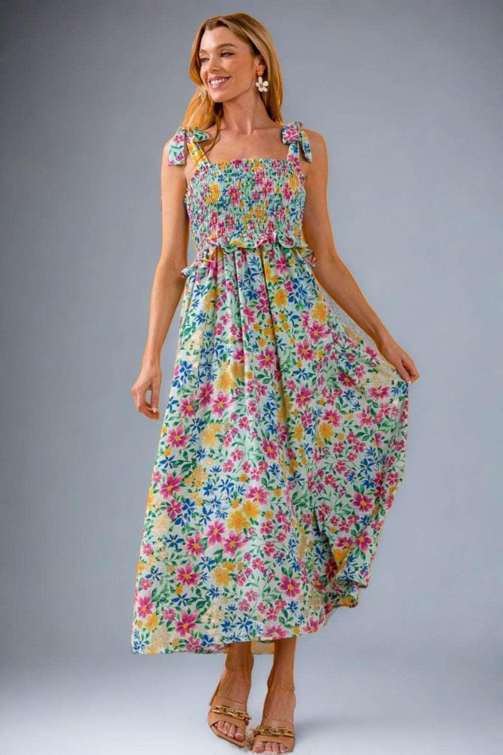 BiBi Floral Ruffle Trim Smocked Cami Dress Midi Dresses