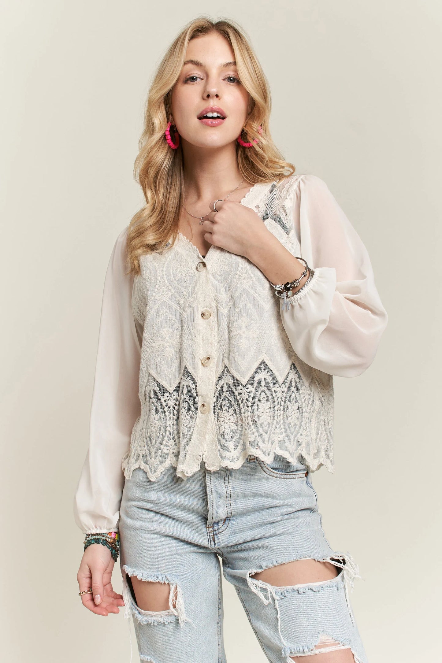 ADORA Button Down Embroidered Blouse Blouses