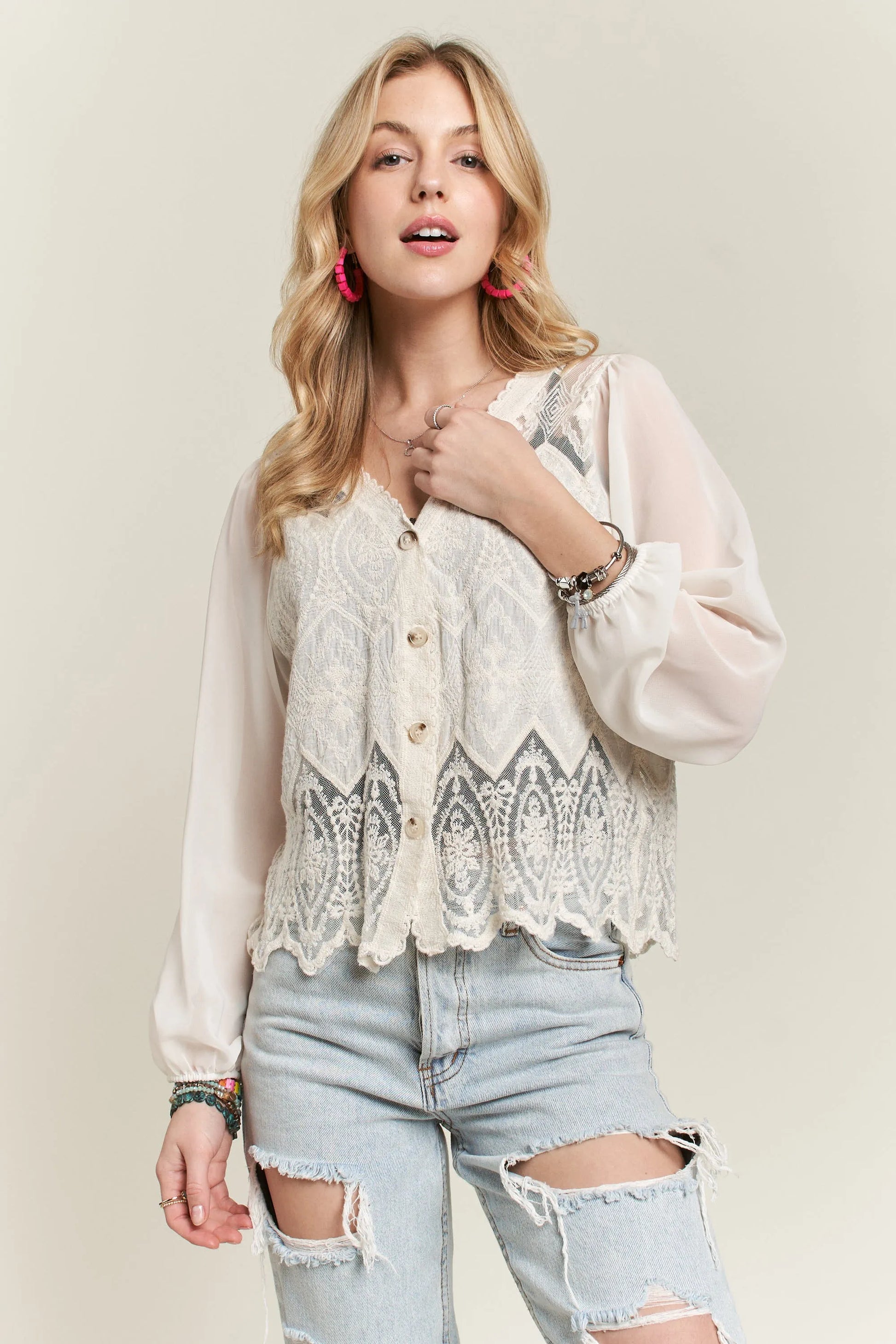 ADORA Button Down Embroidered Blouse Blouses