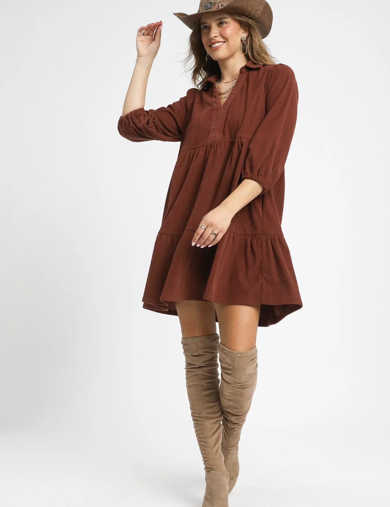 Umgee Tiered Corduroy Mini Dress with Balloon Sleeves | Daverri Fashions