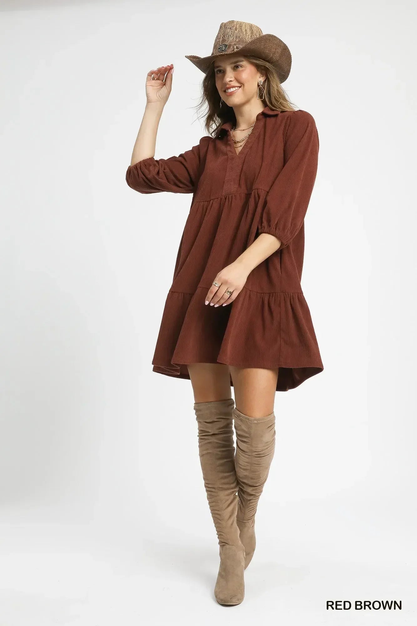 Umgee Tiered Corduroy Mini Dress with Balloon Sleeves - DAVERRI FASHIONS