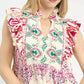 Umgee Boho Border Print Ruffle Midi Dress in pink and green paisley pattern