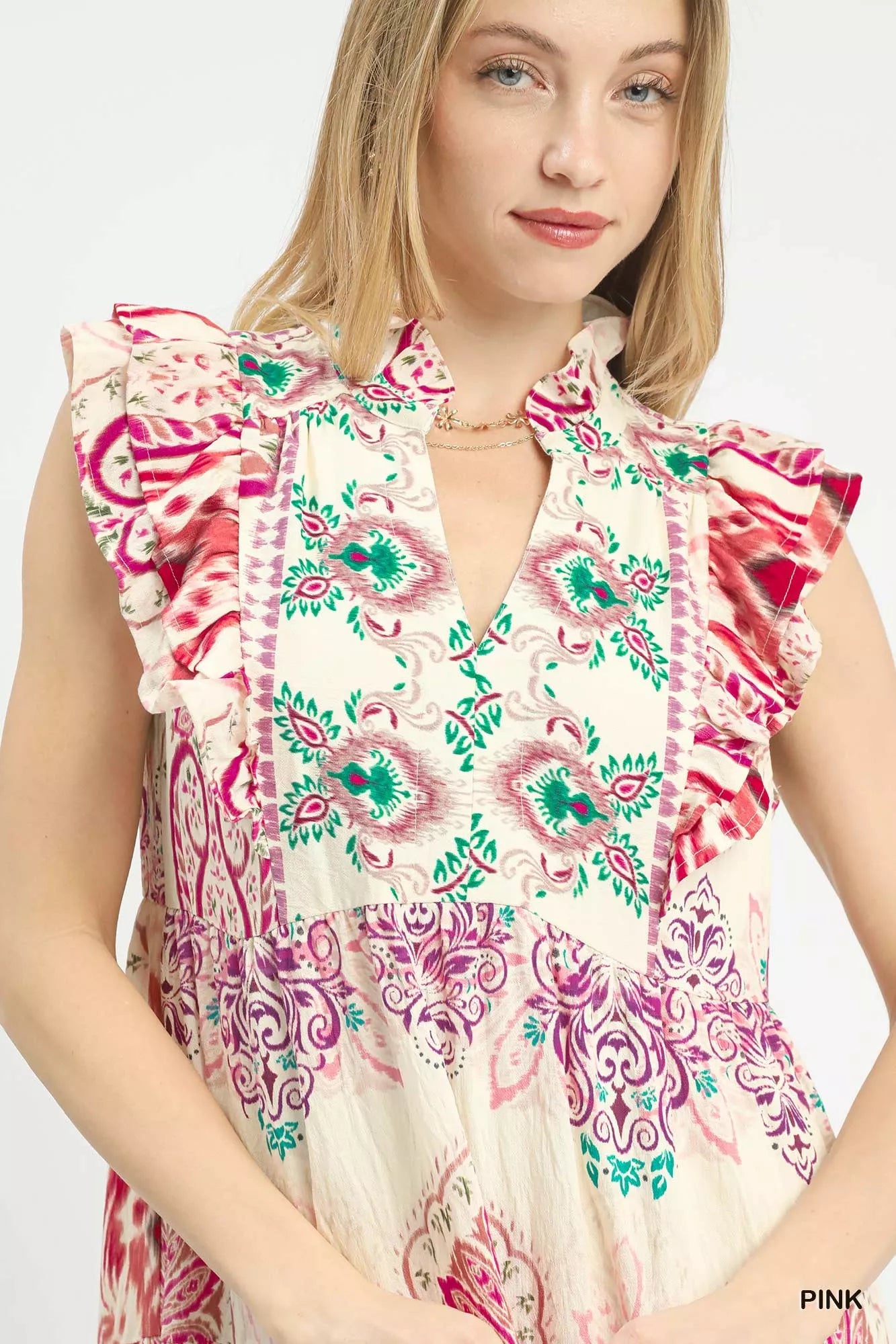 Umgee Boho Border Print Ruffle Midi Dress in pink and green paisley pattern
