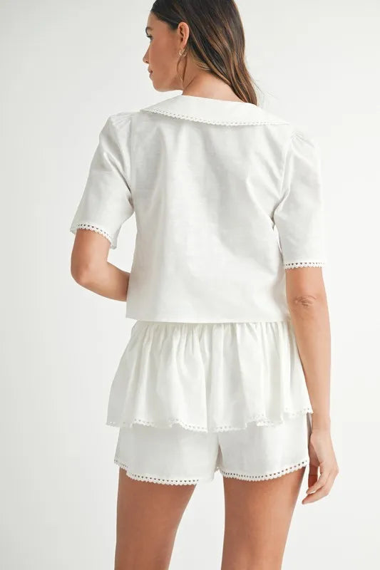 MABLE Collared Button Down Crop Top and Skort Set Outfit Sets