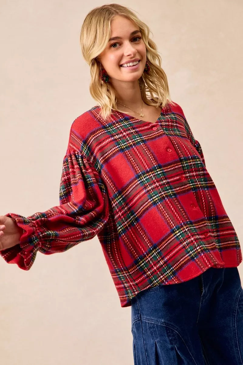 BiBi Christmas Plaid V-Neck Flounce Sleeve Jacket | Jackets Daverri Fashions