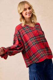 BiBi Christmas Plaid V-Neck Flounce Sleeve Jacket | Jackets Daverri Fashions