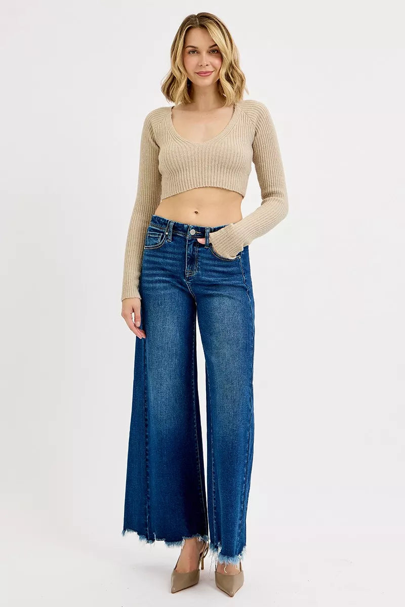 Beige ribbed long-sleeve crop top with square neckline and RISEN jeans