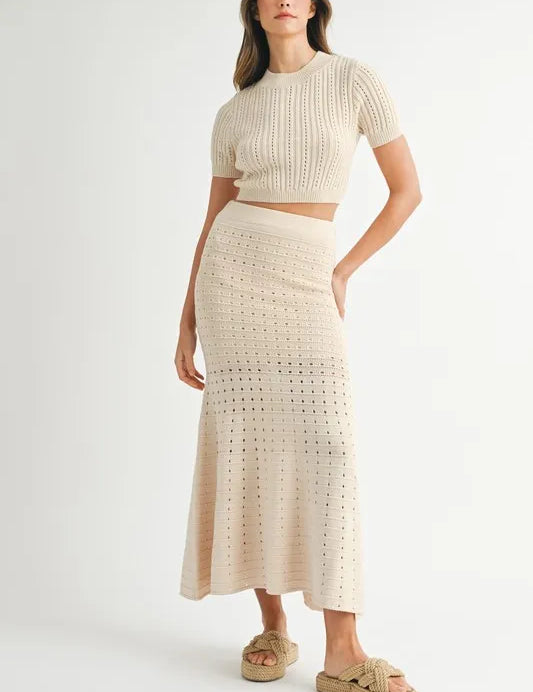 Cream MABLE Pointelle Short Sleeve Crop Top and Slit Skirt Sweater Set | Outfit Sets Daverri Fashions