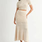 MABLE Pointelle Short Sleeve Crop Top and Slit Skirt Sweater Set Cream