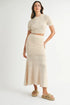 MABLE Pointelle Short Sleeve Crop Top and Slit Skirt Sweater Set Cream