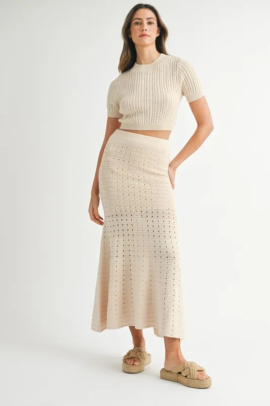 MABLE Pointelle Short Sleeve Crop Top and Slit Skirt Sweater Set Cream