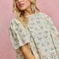 SO ME floral print lace trim flutter sleeves blouse in off-white with blue flowers