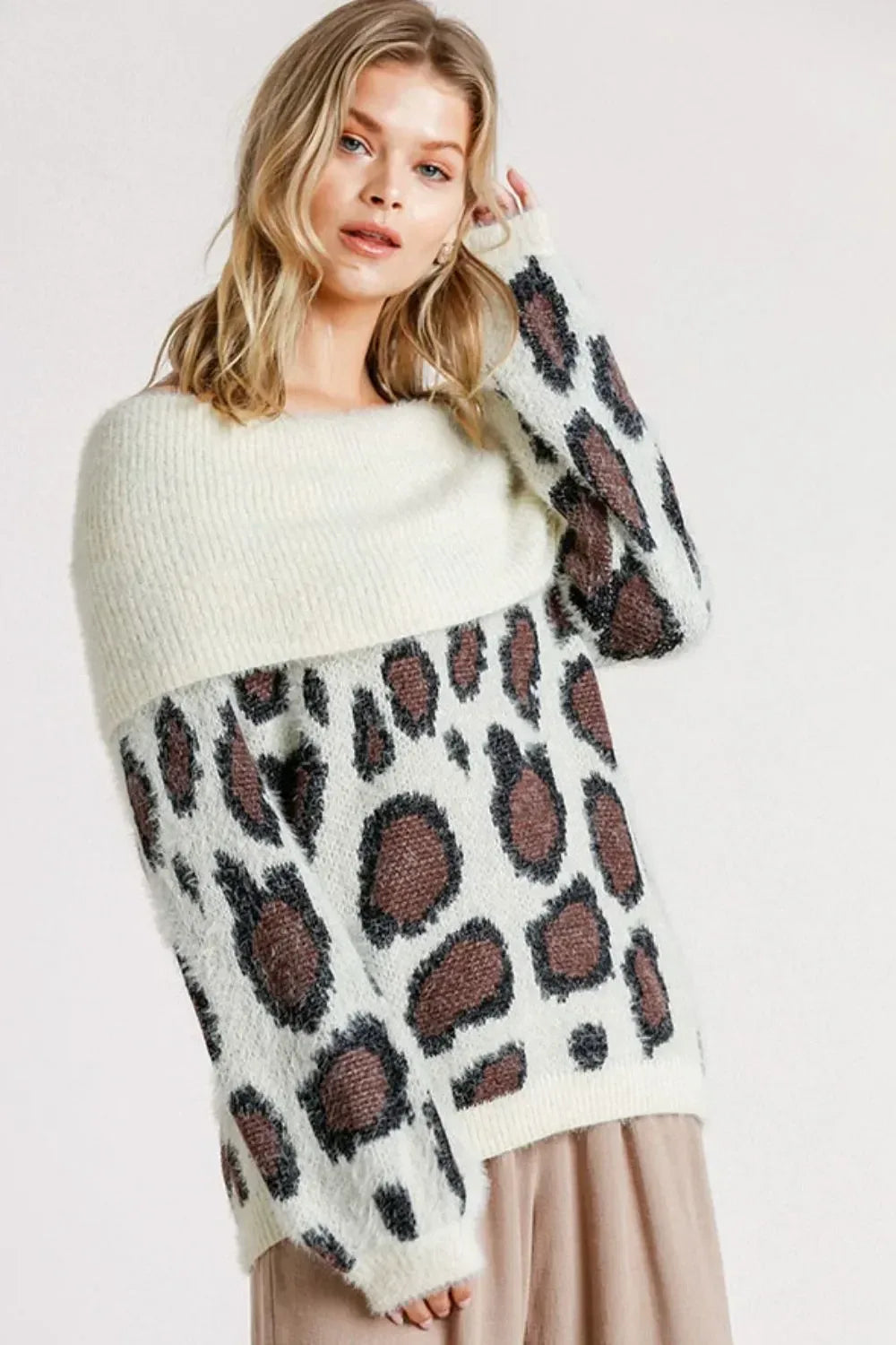Umgee Plus Size Leopard Off-Shoulder Long Sleeve Sweater - DAVERRI FASHIONS