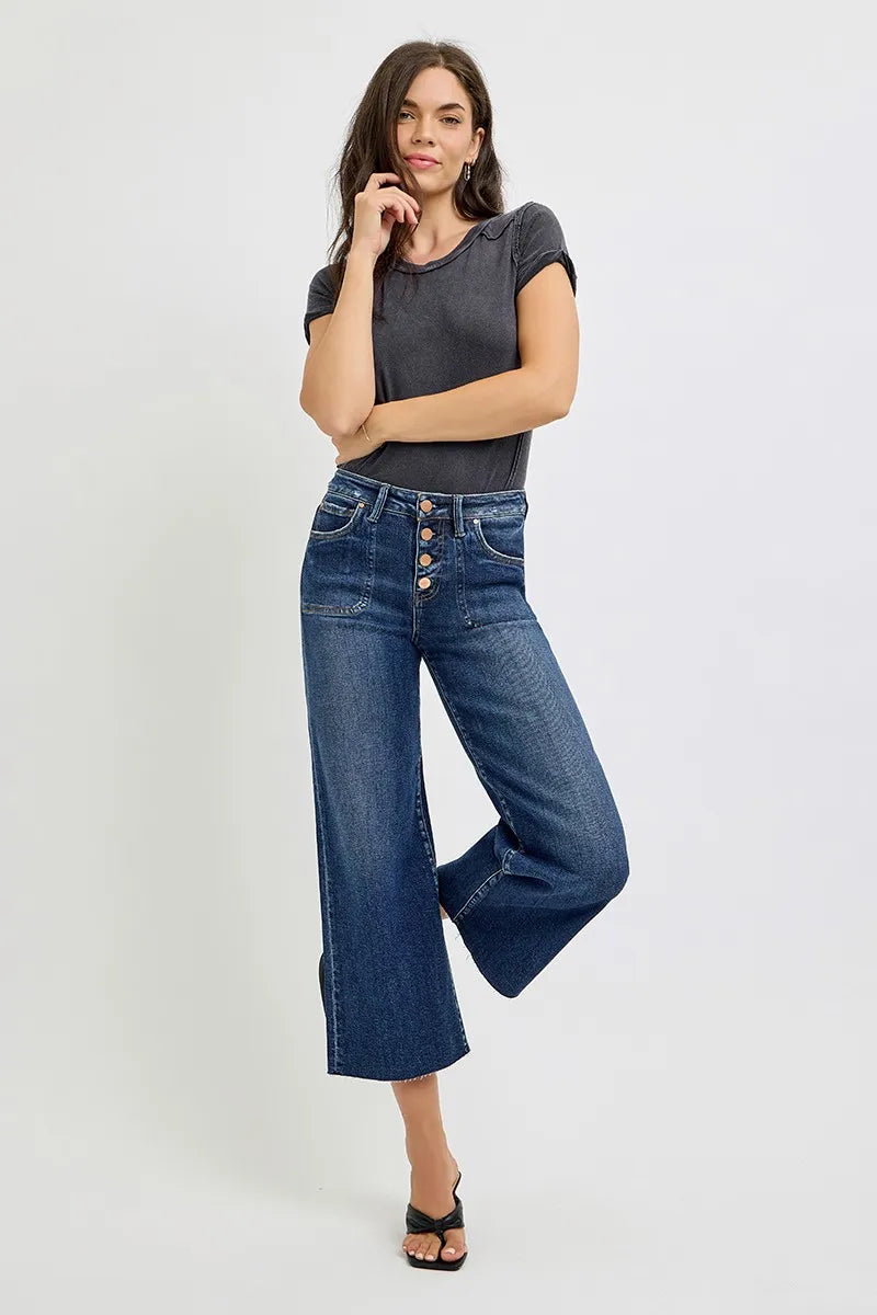 RISEN Full Size High Rise Crop Wide Button Up Jeans Plus Size Jeans