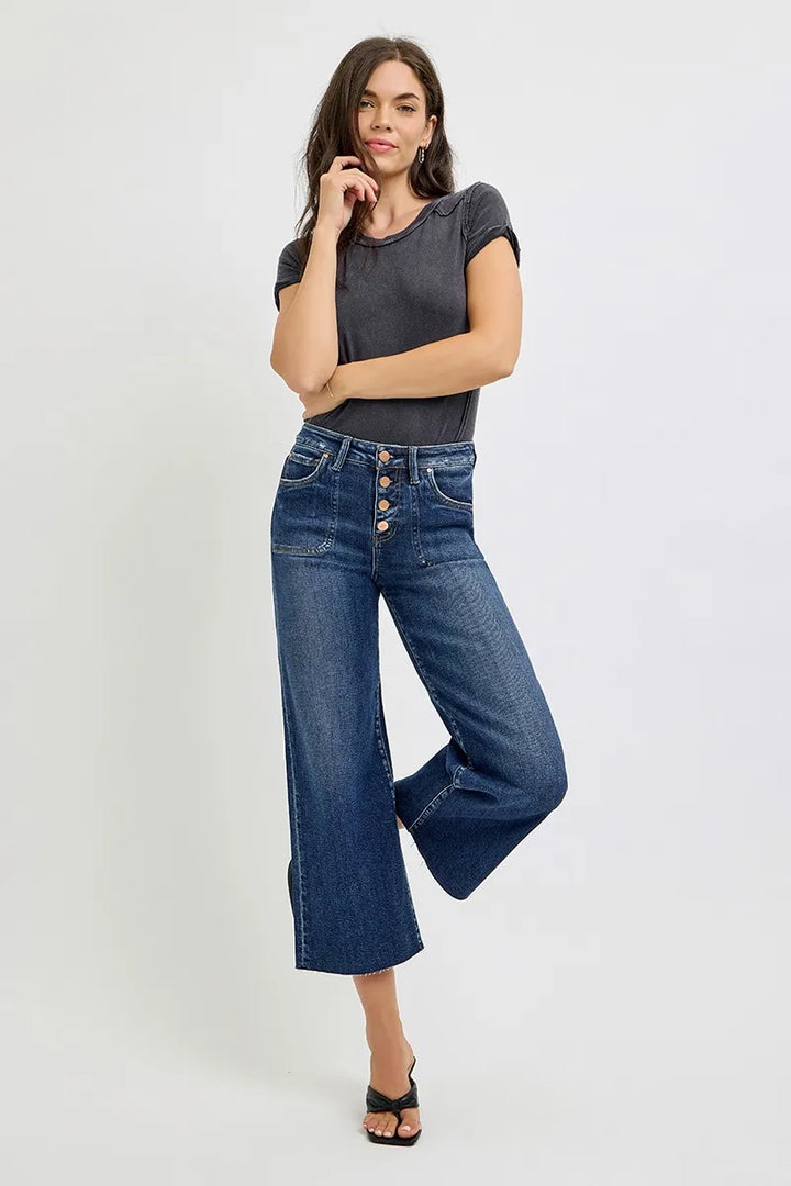 RISEN Full Size High Rise Crop Wide Button Up Jeans Plus Size Jeans
