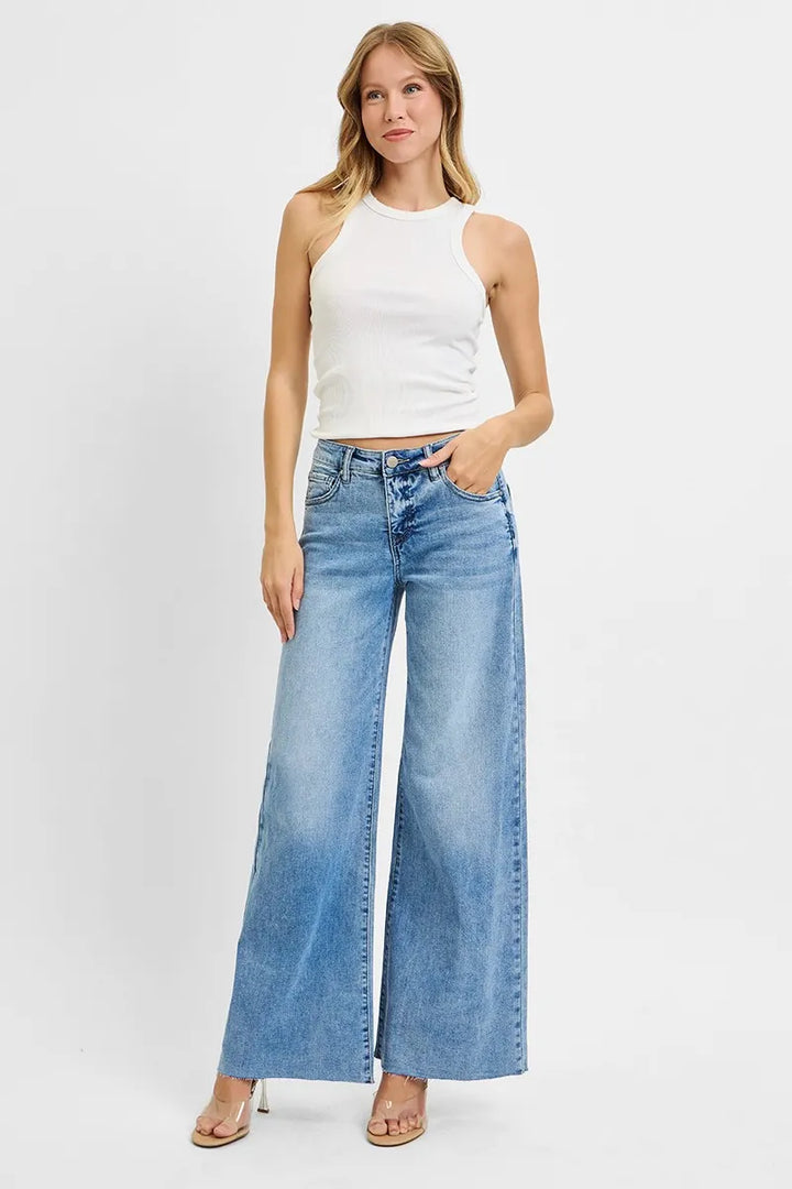 RISEN Full Size Tummy Control High Rise Ankle Palazzo Jeans Plus Size | Jeans Daverri Fashions