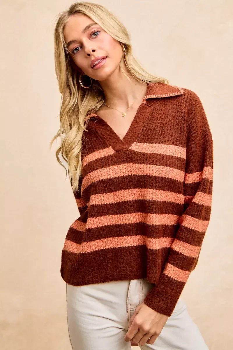 BiBi Striped Sweater Top with Collar Stitched Details - DAVERRI FASHIONS