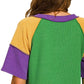 Zenana Mardi Gras raised rib color block top with green knit and striped sleeves