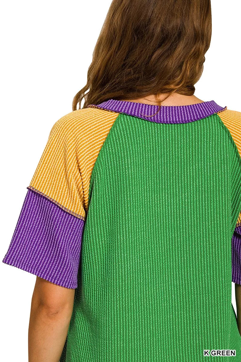 Zenana Mardi Gras raised rib color block top with green knit and striped sleeves