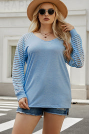 Plus Size Sheer Striped Sleeve V-Neck Top | Tops Daverri Fashions