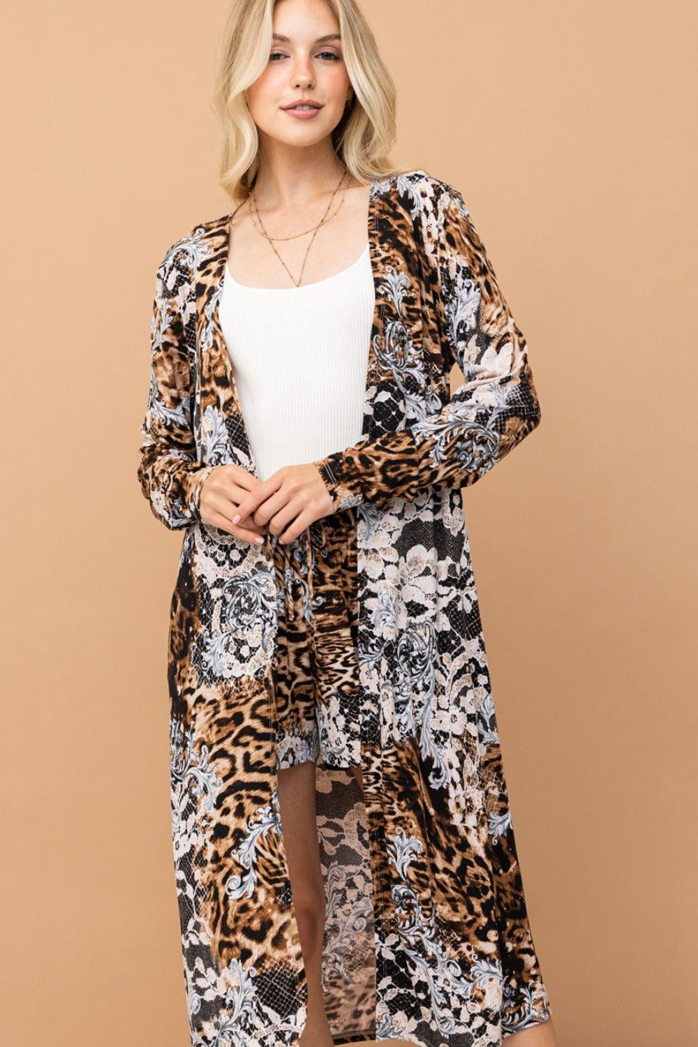 And The Why Leopard Kimono Open Front Longline Cardigan Cardigans