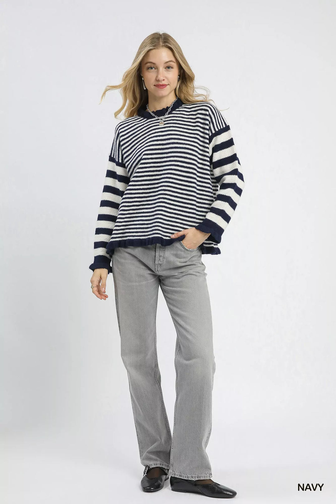 Umgee Ruffle Neck Stripe Sweater | Sweaters Daverri Fashions