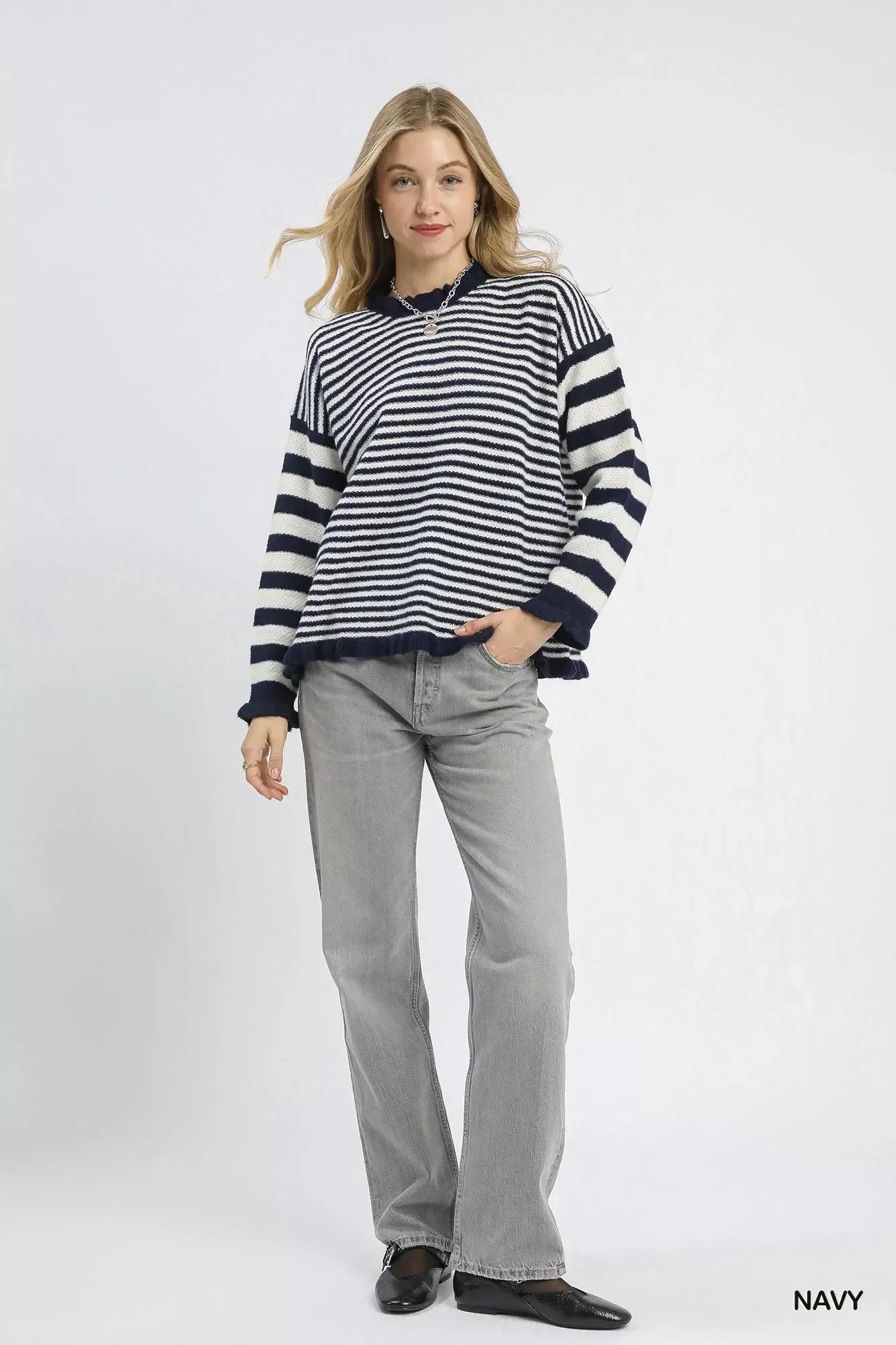 Umgee Ruffle Neck Stripe Sweater - DAVERRI FASHIONS
