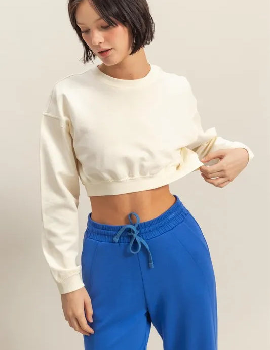 WHITE HYFVE Crew Neck Long Sleeve Crop Sweatshirt | Daverri Fashions