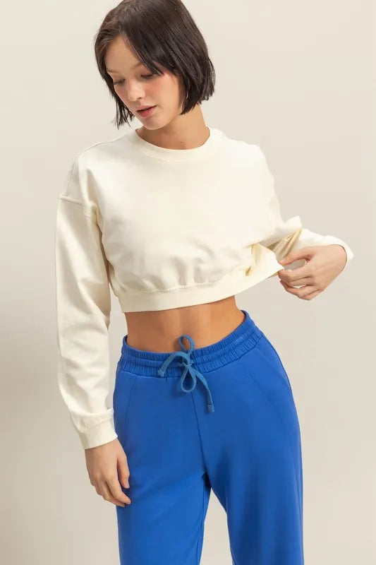 HYFVE Crew Neck Long Sleeve Crop Sweatshirt WHITE