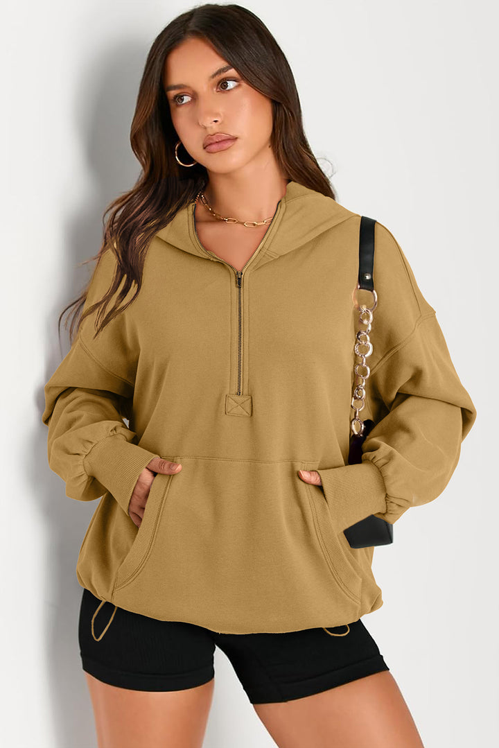 Pocketed Half Zip Long Sleeve Hoodie Tan Tops